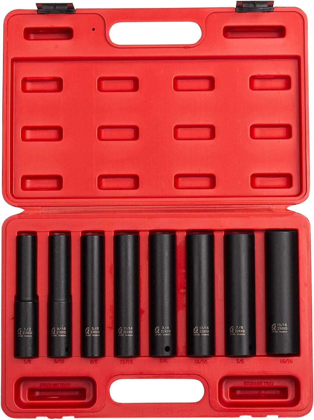 8-Piece SAE Impact Socket Set - Extra Long Deep CR-Mo Steel, Heavy-Duty Case