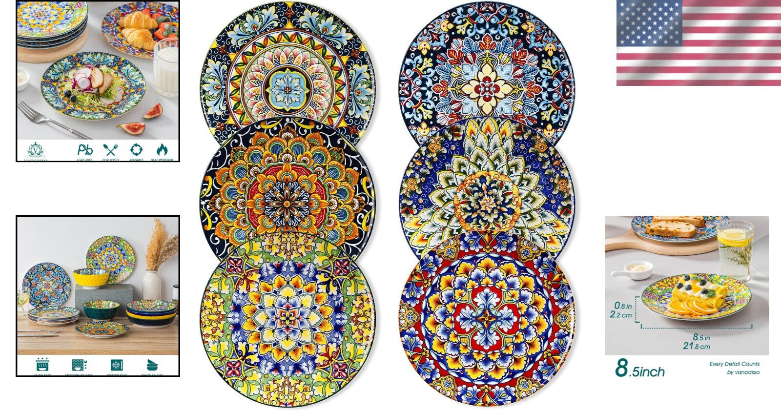 Artistic Bohemian Plate Set of 6 - 8.5-Inch Ceramic Dinnerware for All Occasions
