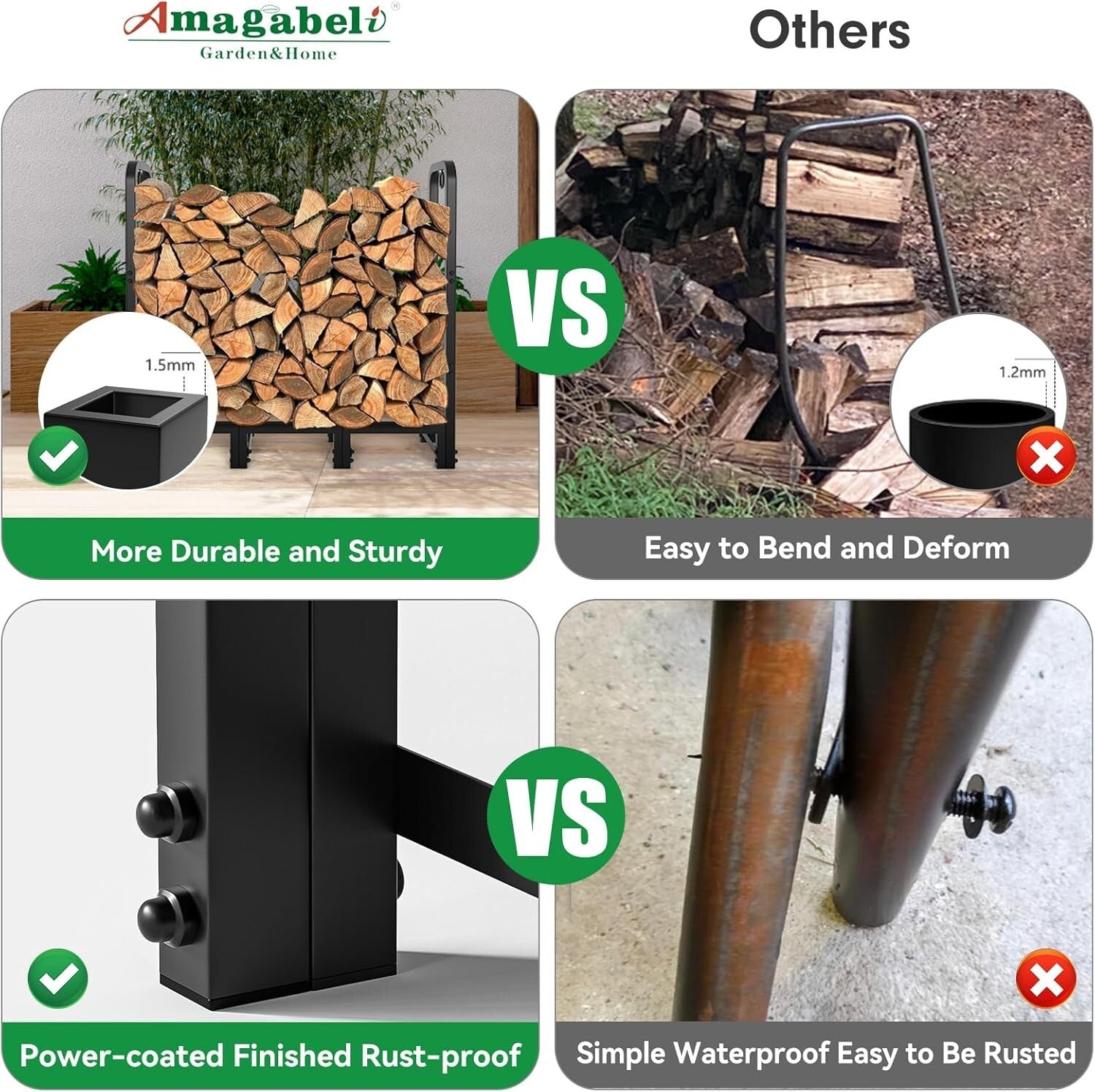 Black Alloy Steel Firewood Rack - 4ft Log Holder for Outdoor & Indoor Use