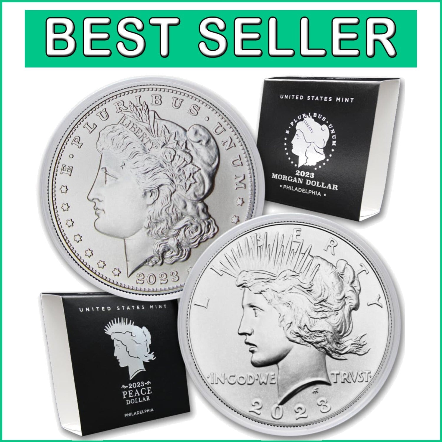 Set of 2 2023 Uncirculated Morgan & Peace Dollar Coins - Mint Condition with COA