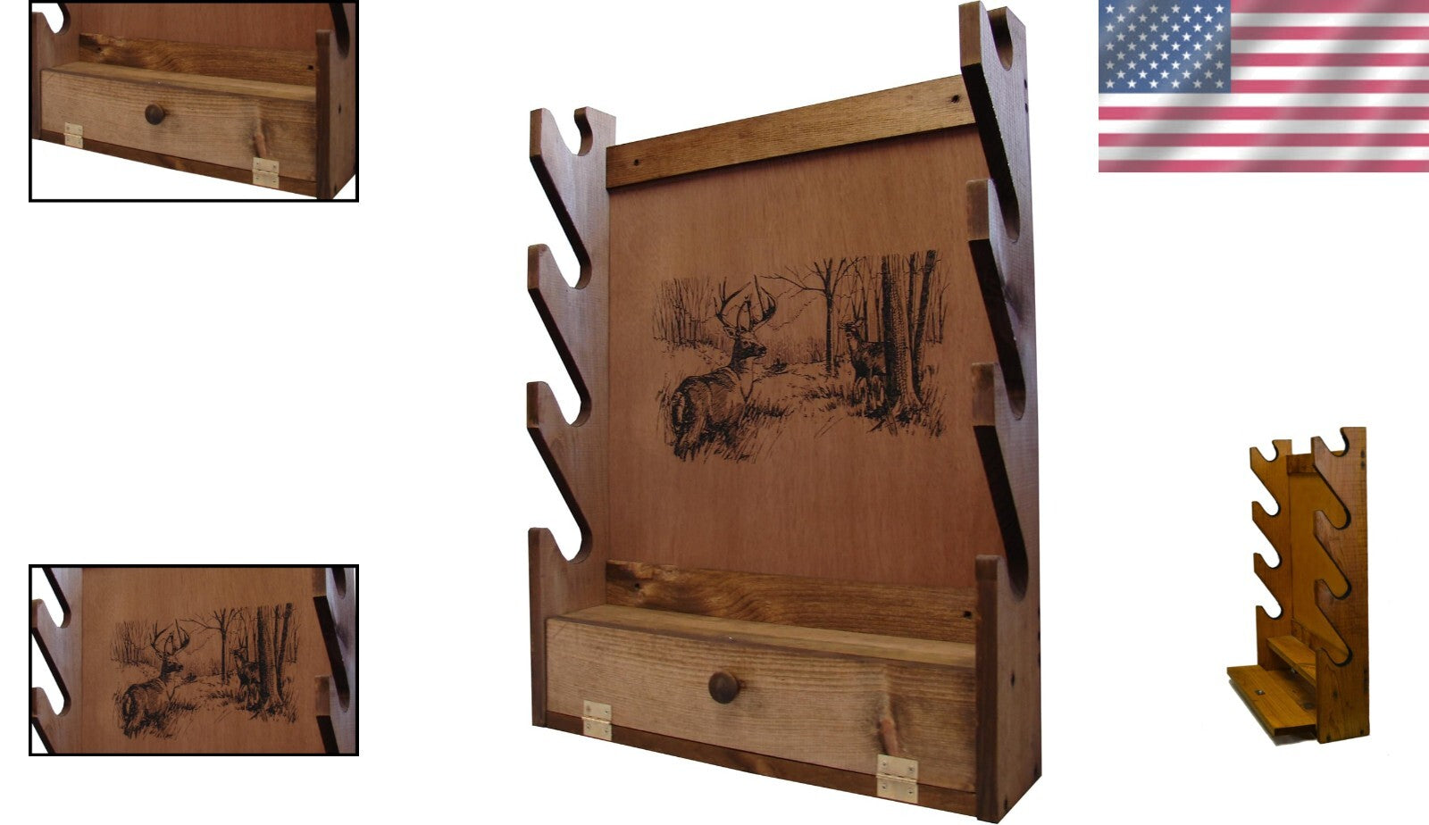 Deer Print Gun Rack - Wall Mounted Wooden Holder for Four Firearms & Accessories