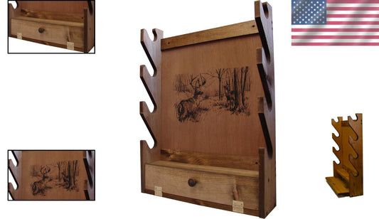 Deer Print Gun Rack - Wall Mounted Wooden Holder for Four Firearms & Accessories