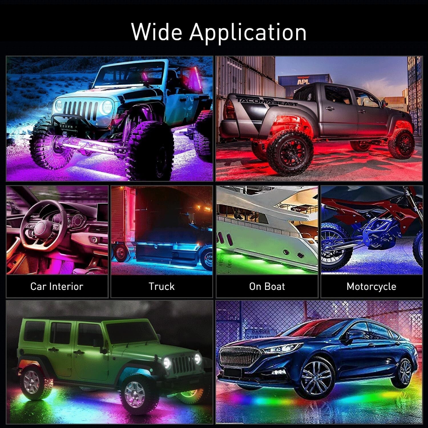6Pcs Car Underglow LED Lights - RGB-IC Color Changing with Remote & APP Control