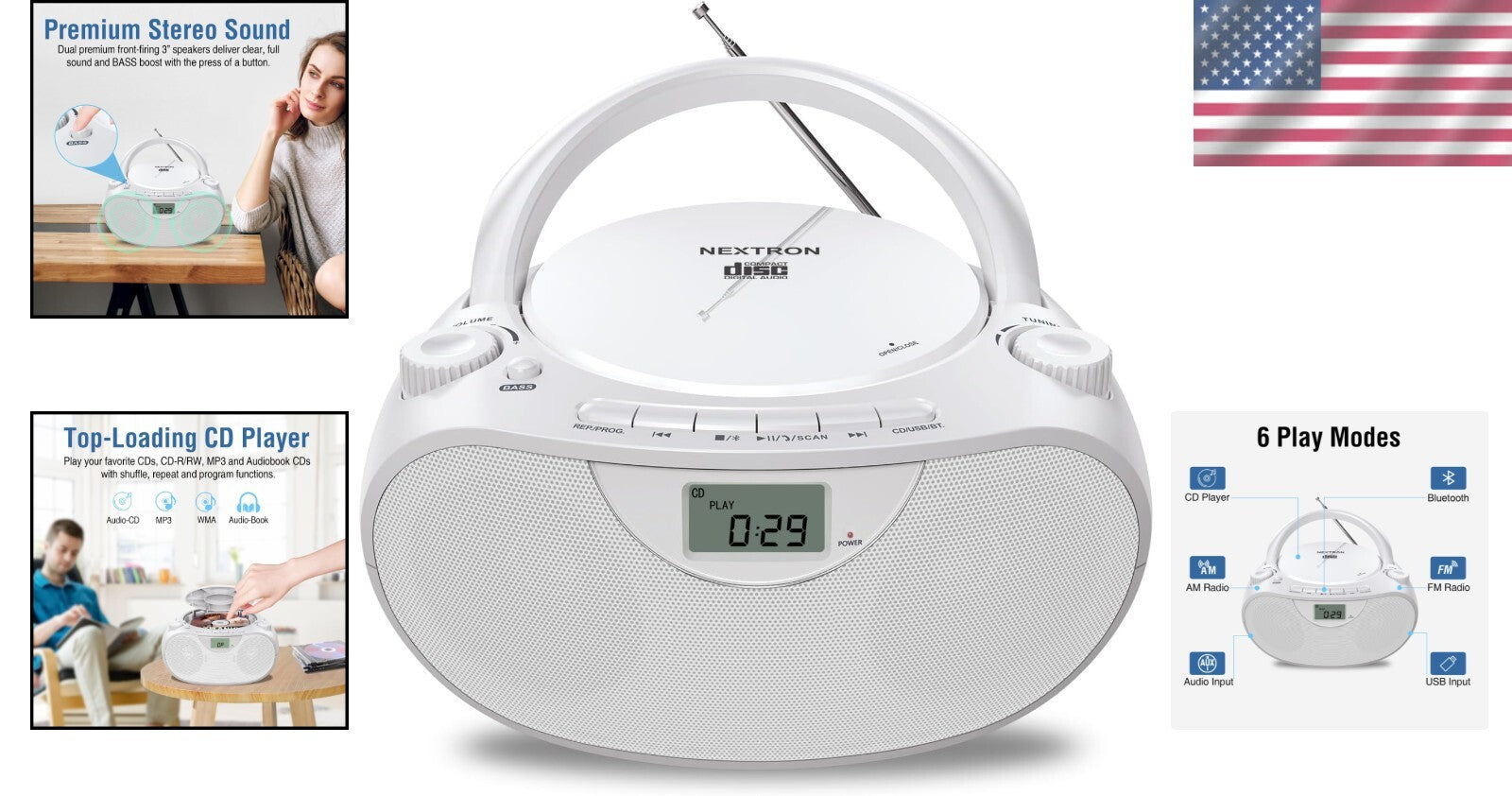 All-in-One Portable CD Player Boombox with Bluetooth, AM/FM & USB Connectivity