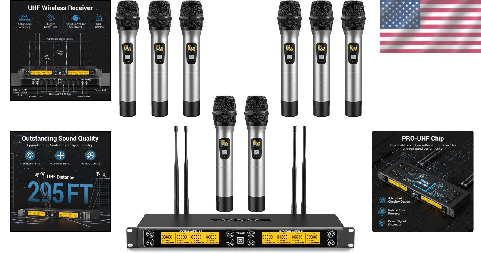 Durable UHF Wireless Mic System - 12 Channels, 8 Handheld Mics, Mute Function