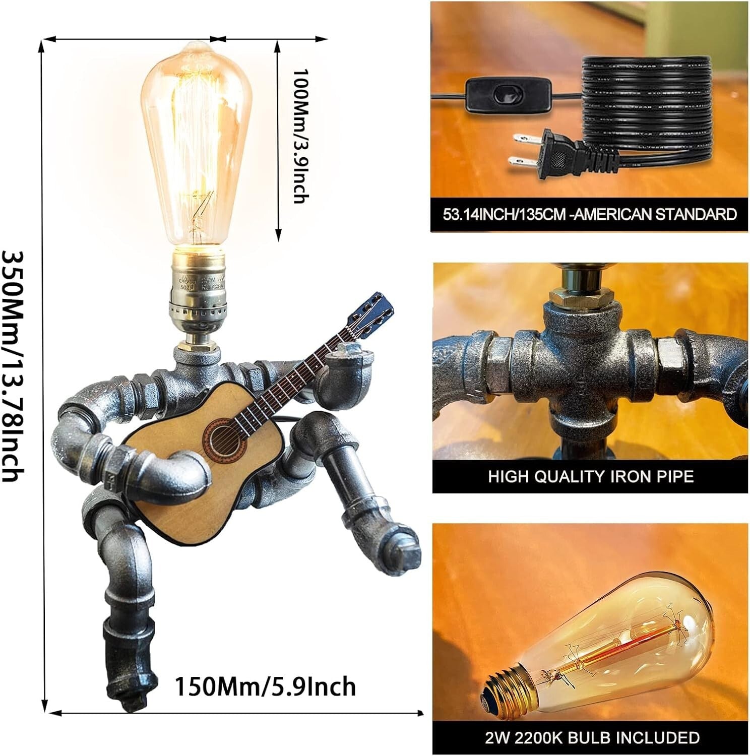 E27 Guitar Design Table Lamp - Cool Steampunk Gift for Men and Music Lovers