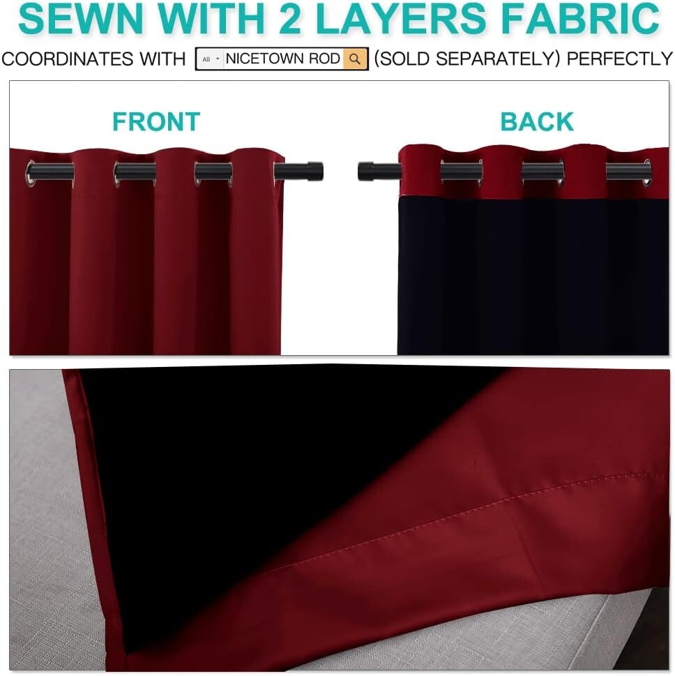 Burgundy Red 100% Blackout Curtains - Thermal Insulated & Noise Reducing Drapes