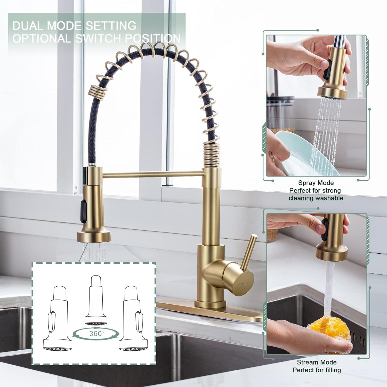 Brushed Gold Brass Kitchen Faucet with Pull Down Sprayer for Modern Utility
