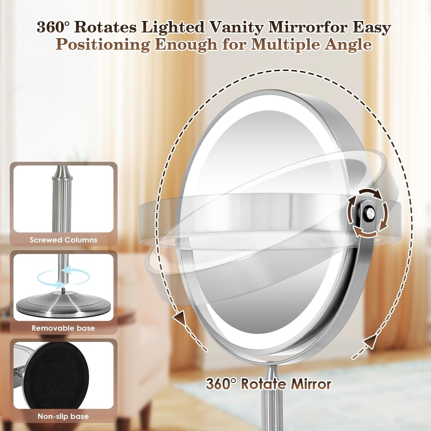 Lighted 9" Travel Makeup Mirror with 15X Magnification - Elegant Pearl Nickel