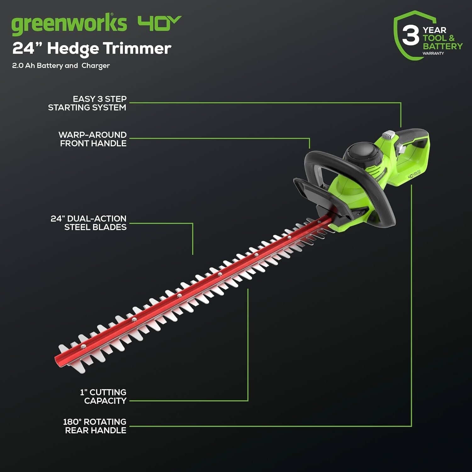 40V 24-Inch Cordless Hedge Trimmer with 1" Cutting Capacity & Battery Included