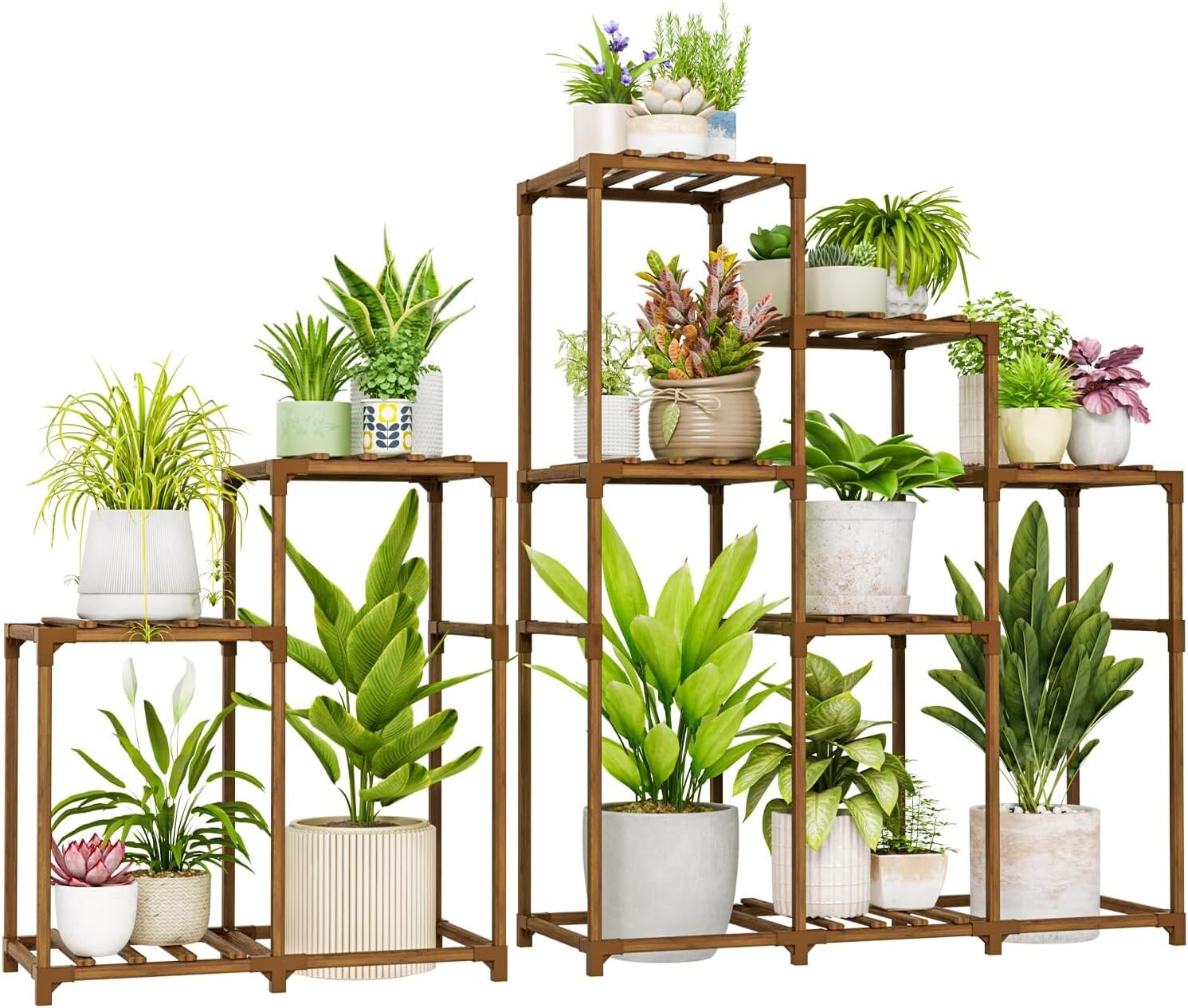 Elegant 2 Sets of Indoor/Outdoor Plant Stands - 3-Tier Wooden Racks for 12 Pots