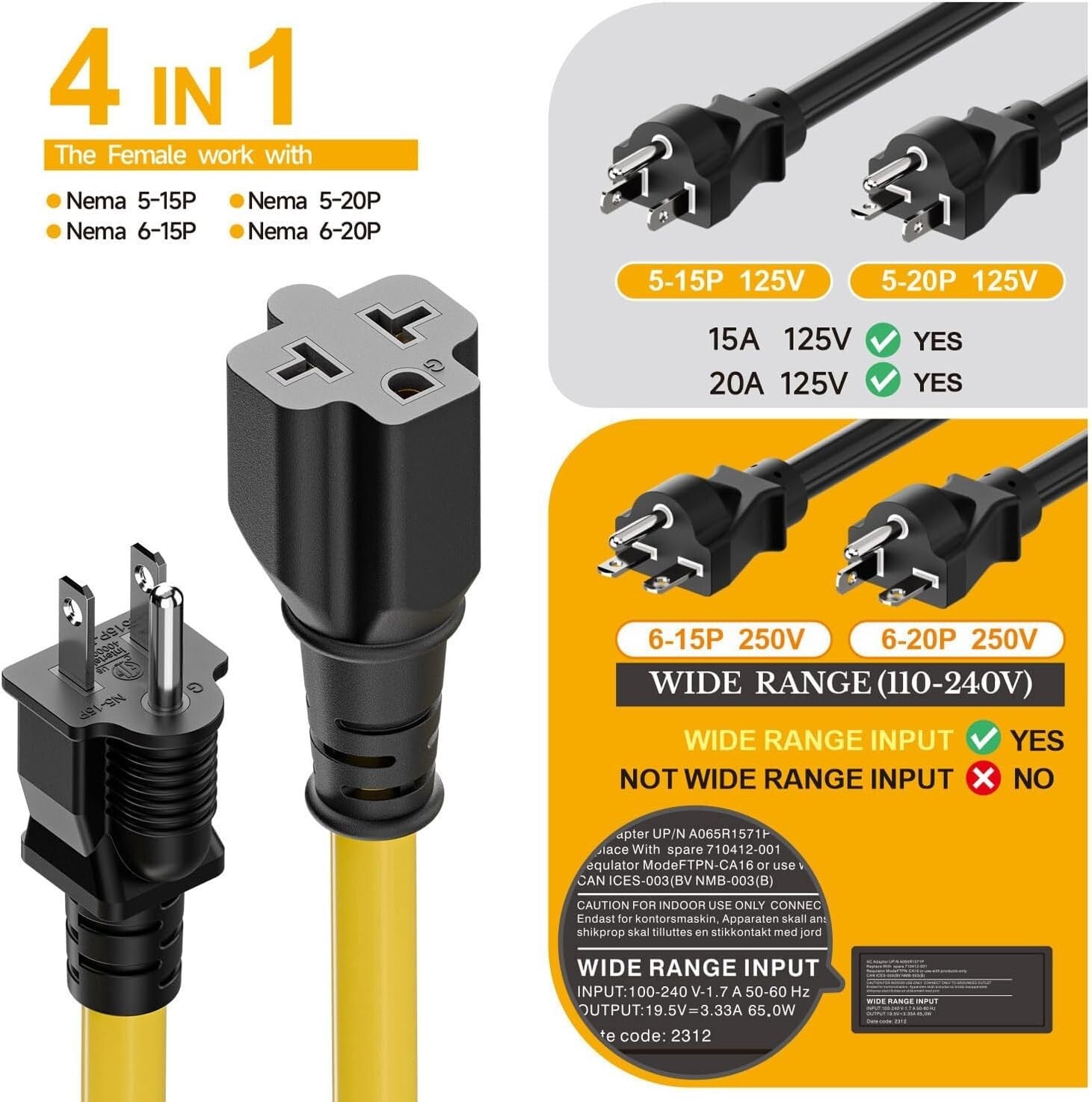 15FT NEMA 5-15P Adapter Cable - Heavy-Duty 12AWG for Versatile Power Needs