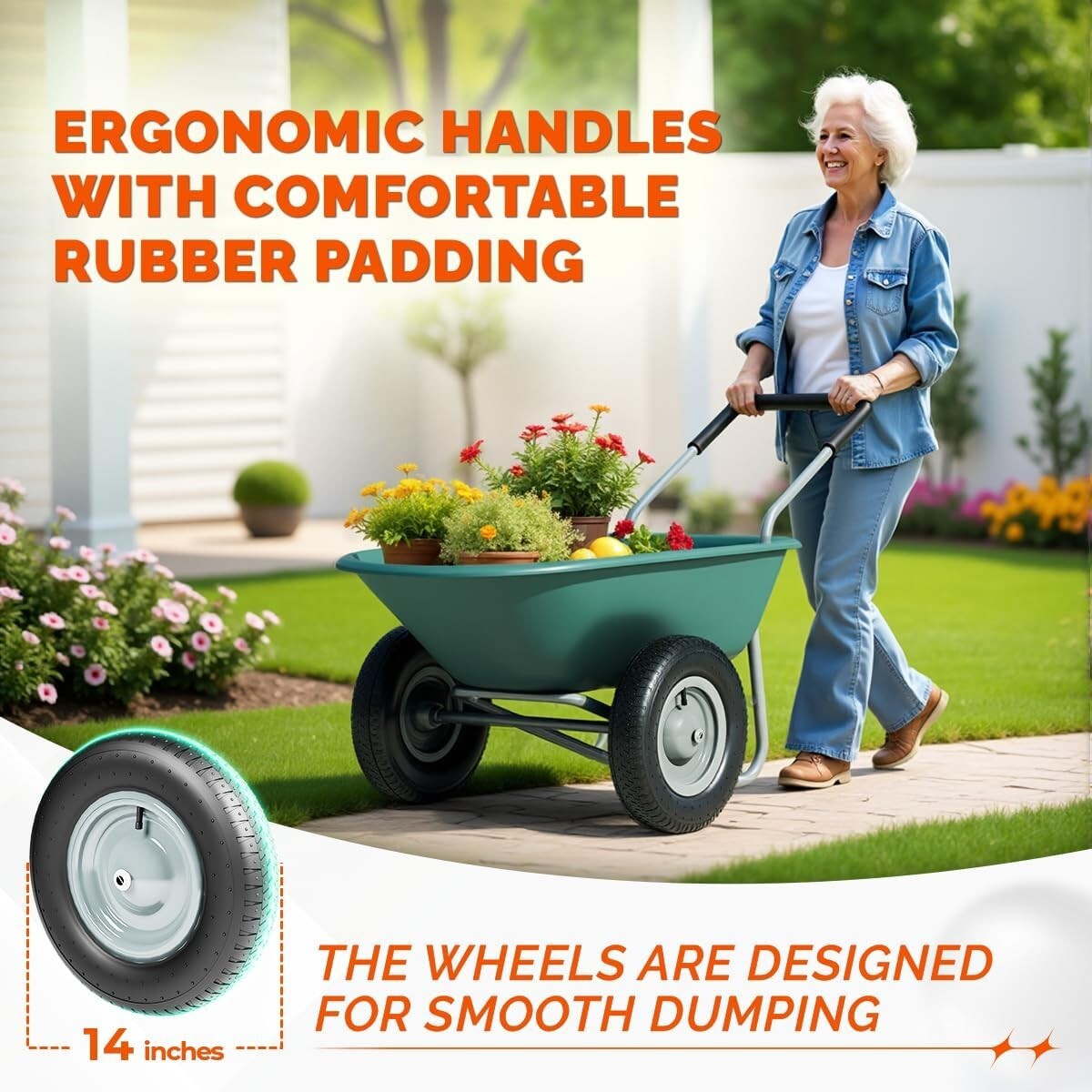 14-Inch Pneumatic Tire Yard Cart with Ergonomic Handle - Stable and Stylish