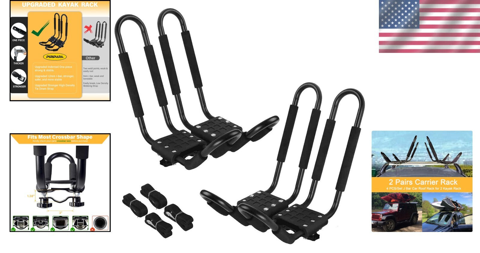 Durable Kayak Roof Rack Set of 4 - 2 Pairs J-Bar Carrier for SUVs and Trucks