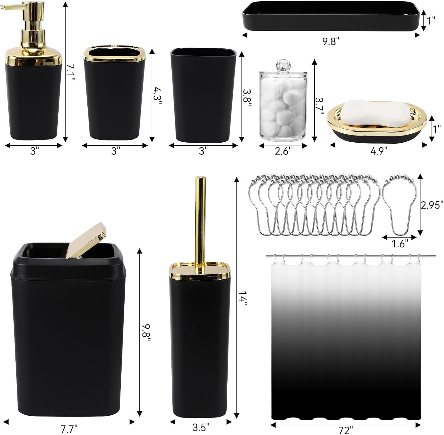 Elegant 22PC Bathroom Accessories Set in Black Ombre with Easy-Clean Features