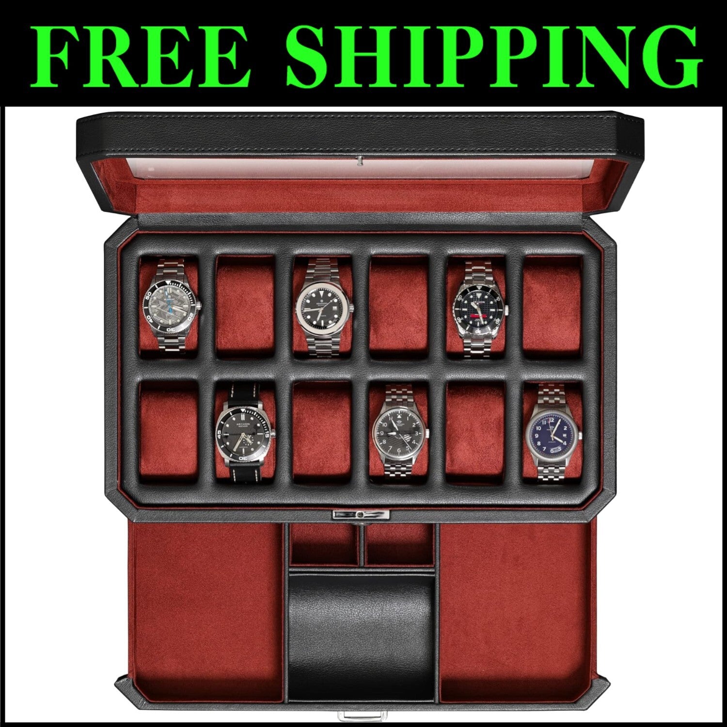 Stylish Black/Red Watch Storage Box with Key Lock & 12 Slots for Men & Women