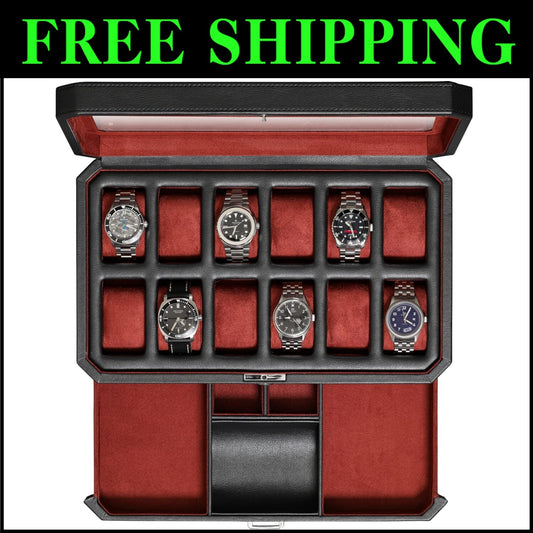 Stylish Black/Red Watch Storage Box with Key Lock & 12 Slots for Men & Women