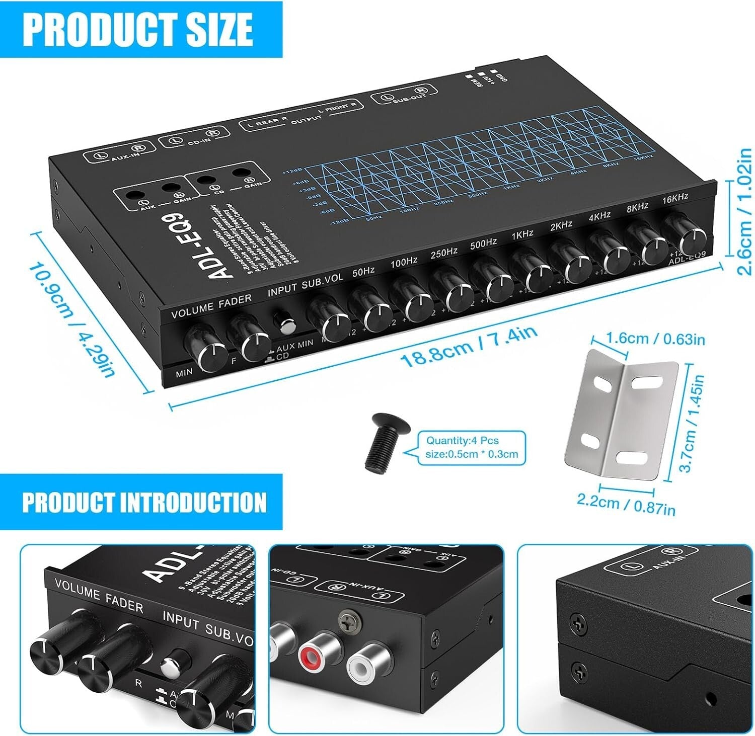 Adjustable 9-Band Car Equalizer with CD/AUX Input & White Light Illumination