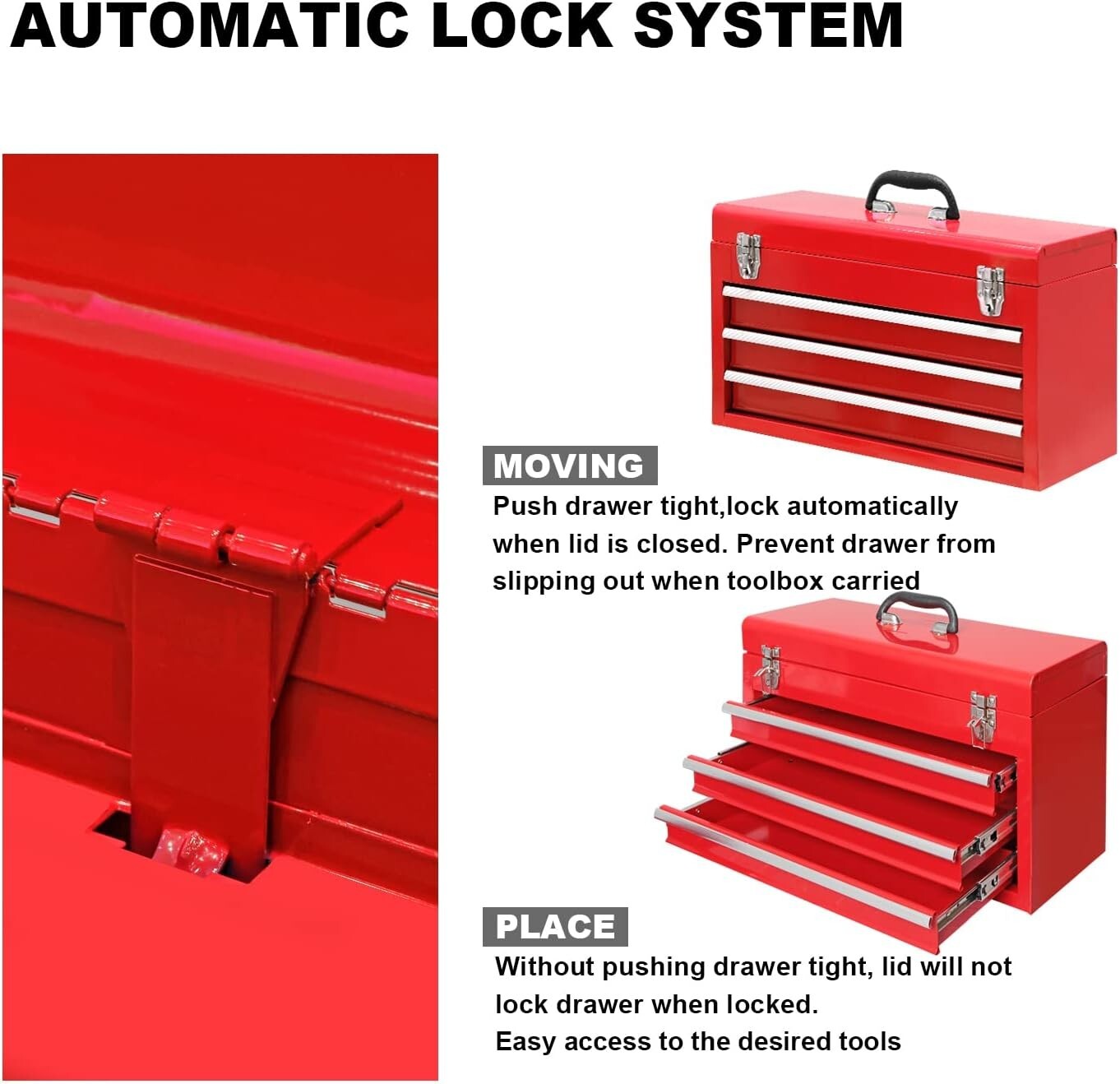 Durable 20-Inch Steel Tool Box with 3 Drawers and Smooth Ball Bearing Operation