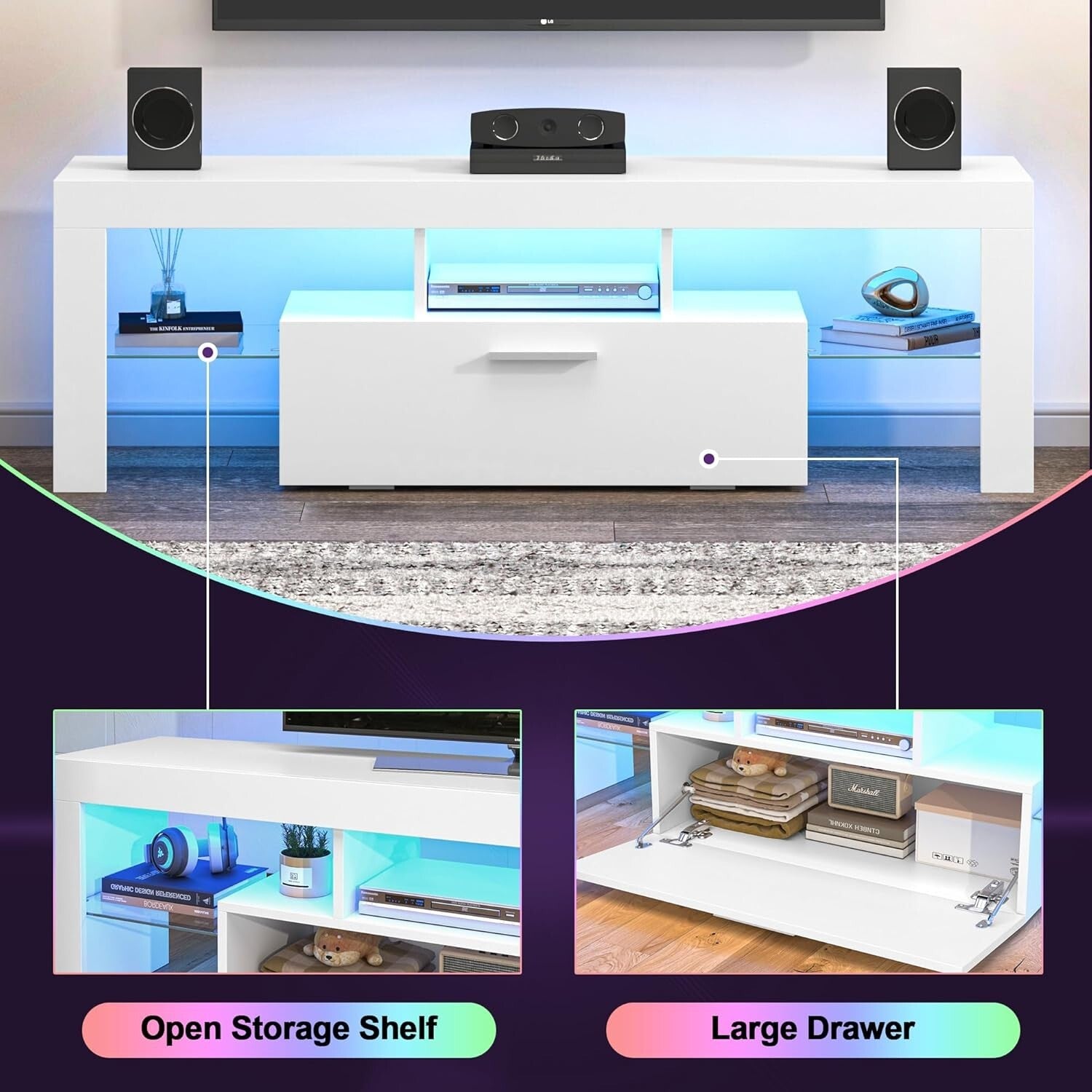 Modern White Entertainment Center with Large Drawer and 20-Color LED Lighting