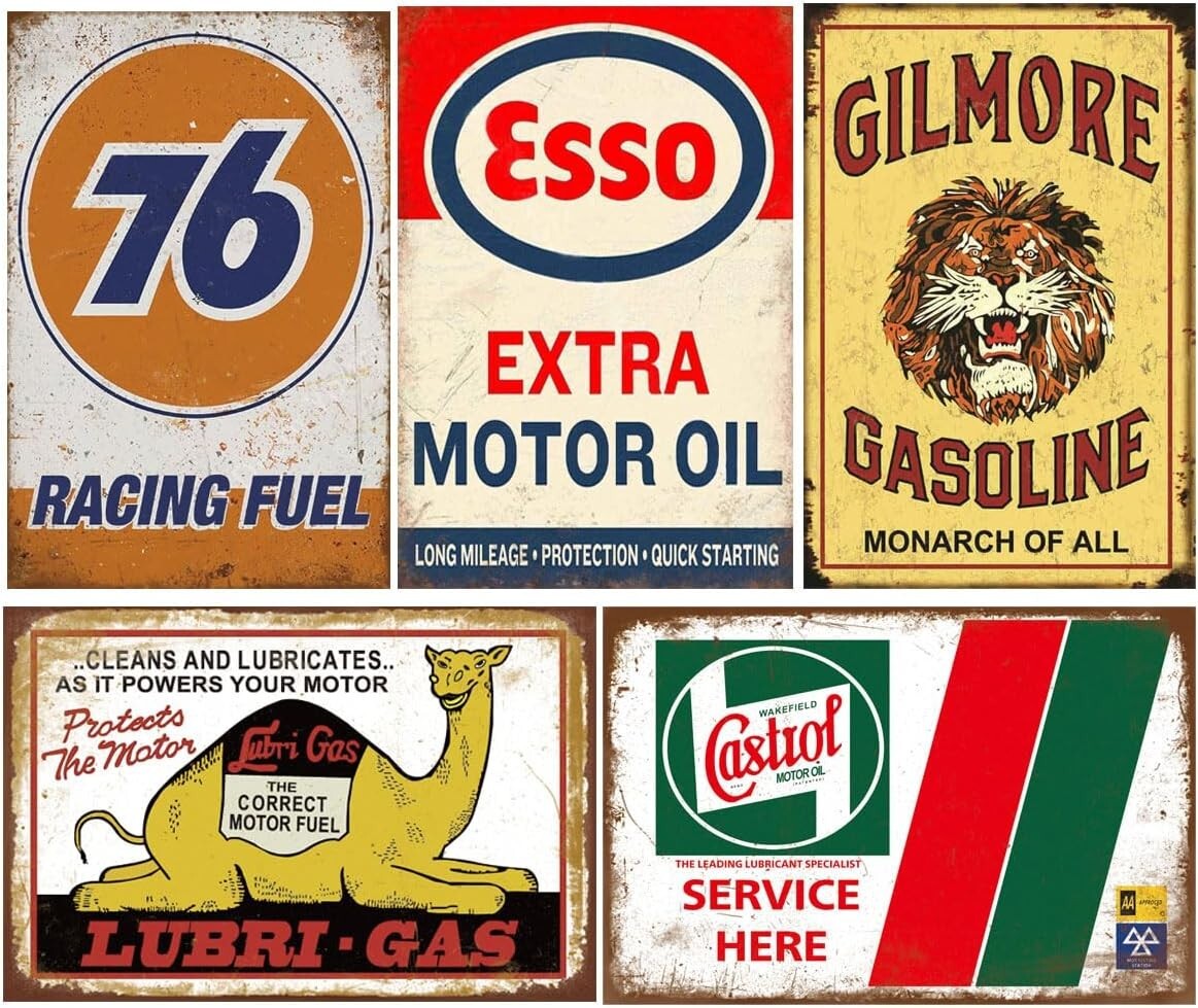 Retro Garage Wall Art Set – 35 Pieces of Antique Metal Signs for Unique Decor