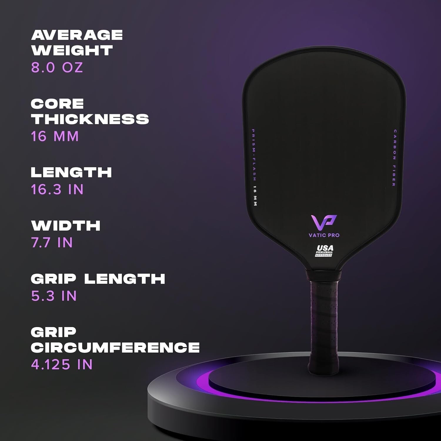 USAPA Approved 16.3'' Carbon Fiber Paddle with Shock Absorption - Ideal for All