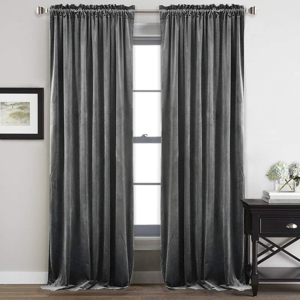 Elegant Grey Velvet Blackout Curtains 84" Long - Set of 2 Room Darkening Drapes
