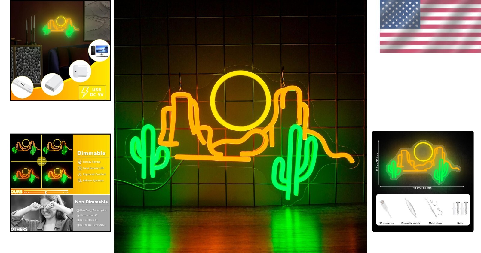 Dimmable Neon Cactus Mountain LED Sign for Unique Wall Decor | 9.92'' x 16.54''