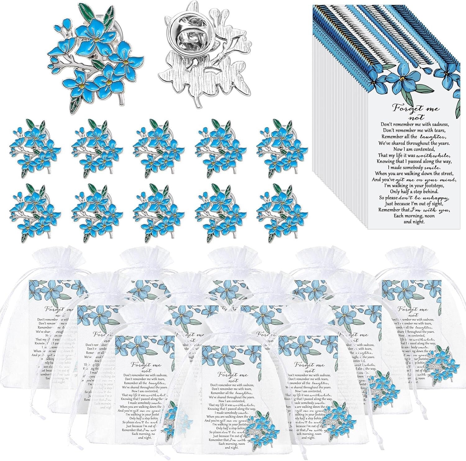 Forget Me Not Memorial Brooches: 90 Sets of Elegant Pins & Thank You Cards