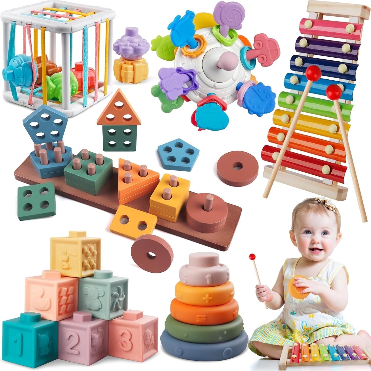 6-in-1 Montessori Baby Toy Set: Stacking, Sorting & Musical Fun for Infants