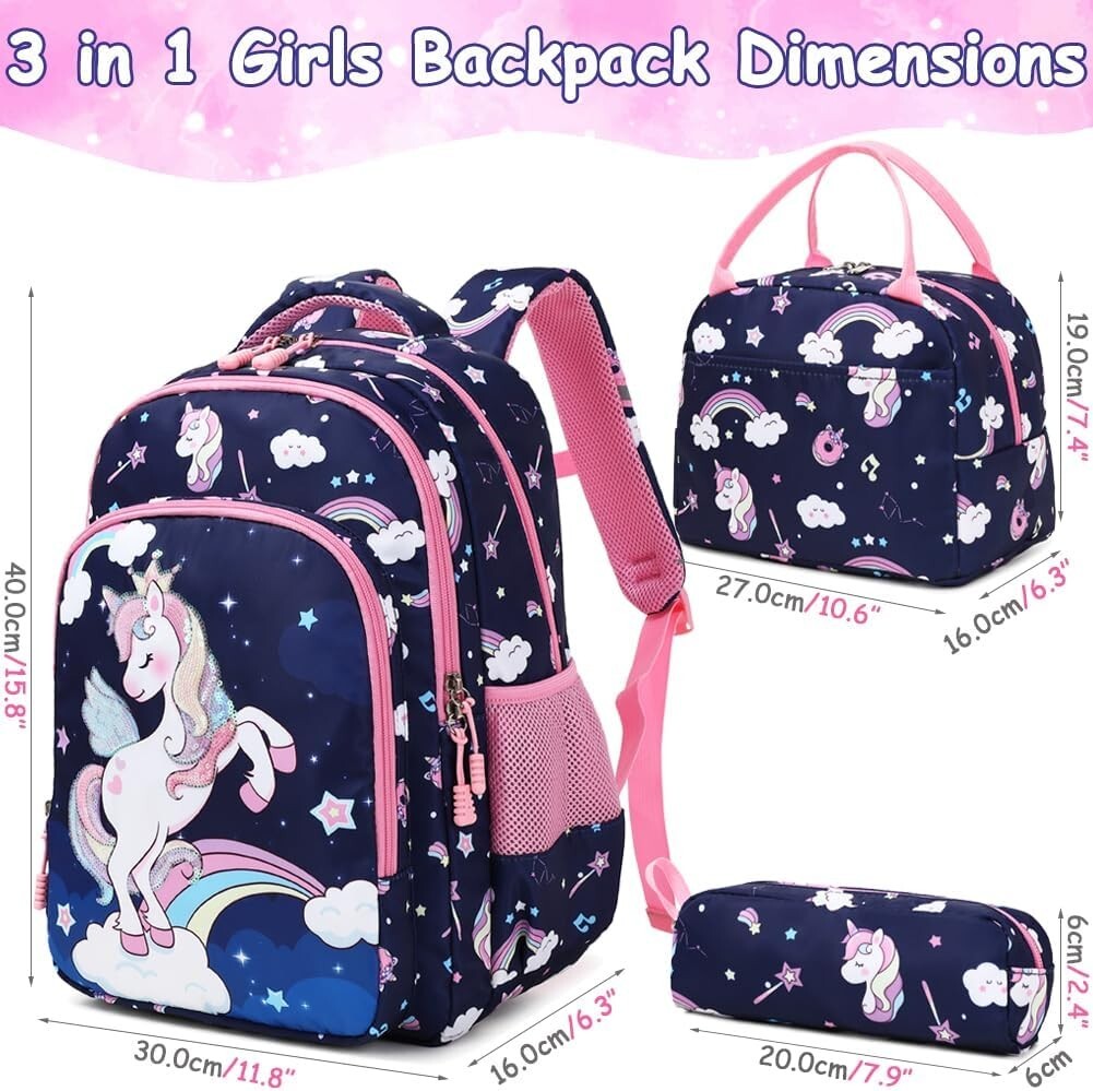 Adjustable Unicorn Backpack for Girls - 3pcs School Set with Insulated Lunch Bag