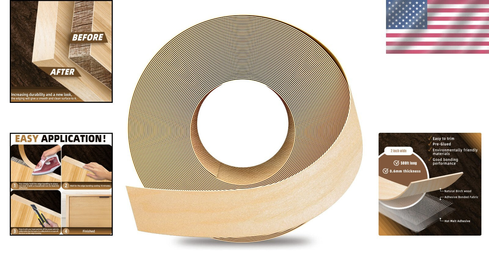 Premium Birch Edge Banding 2x500ft - Pre-Glued Wood Veneer for Easy Repairs