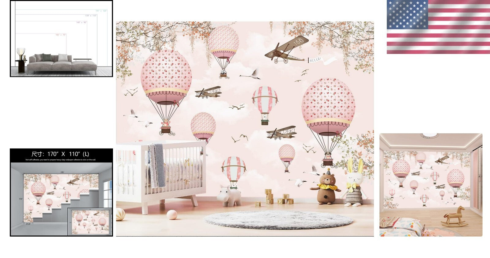 Beautiful Fade-Resistant Hot Air Balloon Mural – Perfect for Kids' Rooms