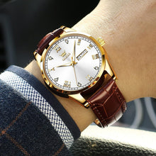 Load image into Gallery viewer, Elegant 39mm Brown Leather Dress Watch with Gold Case &amp; Waterproof Feature