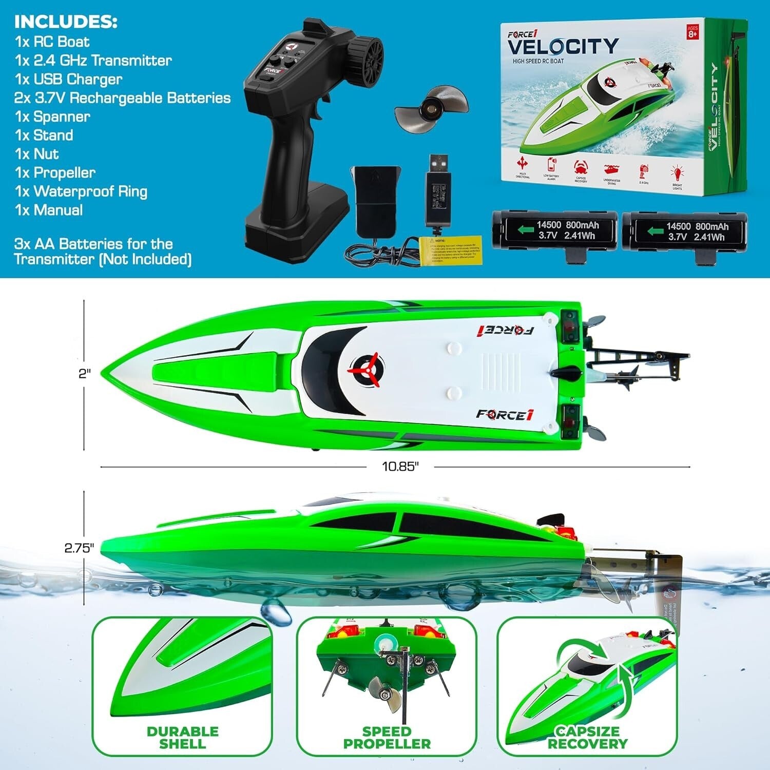 Rechargeable Velocity RC Speed Boat with Underwater Features & Low Battery Alert