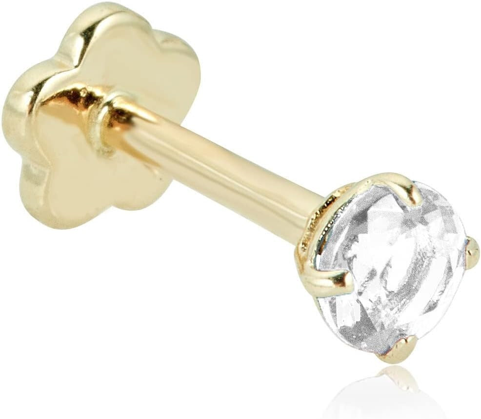 14K Yellow Gold Hypoallergenic Cartilage Earring with 3mm Simulated Diamond