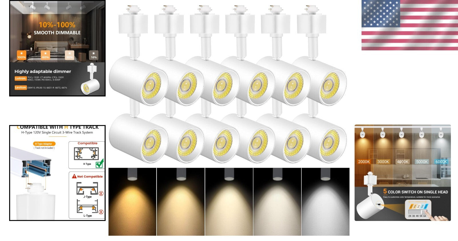 Adjustable 12-Pack LED Track Lighting Heads, Flicker-Free with 5 Color Options