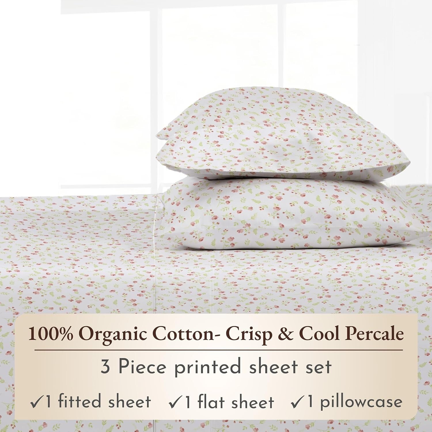 100% Organic Cotton Percale Twin Sheet Set - Floral Print, Deep Pocket Design