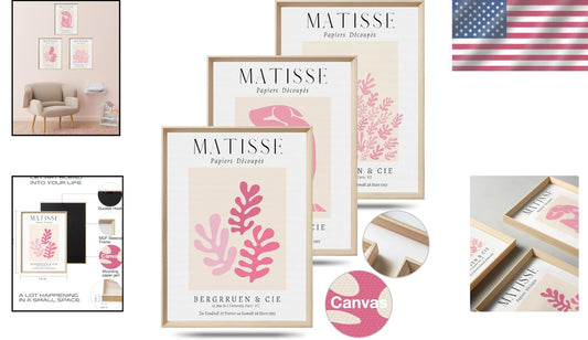 Set of 3 Framed Matisse Pink Canvas Wall Art - Minimalist Decor for Any Space