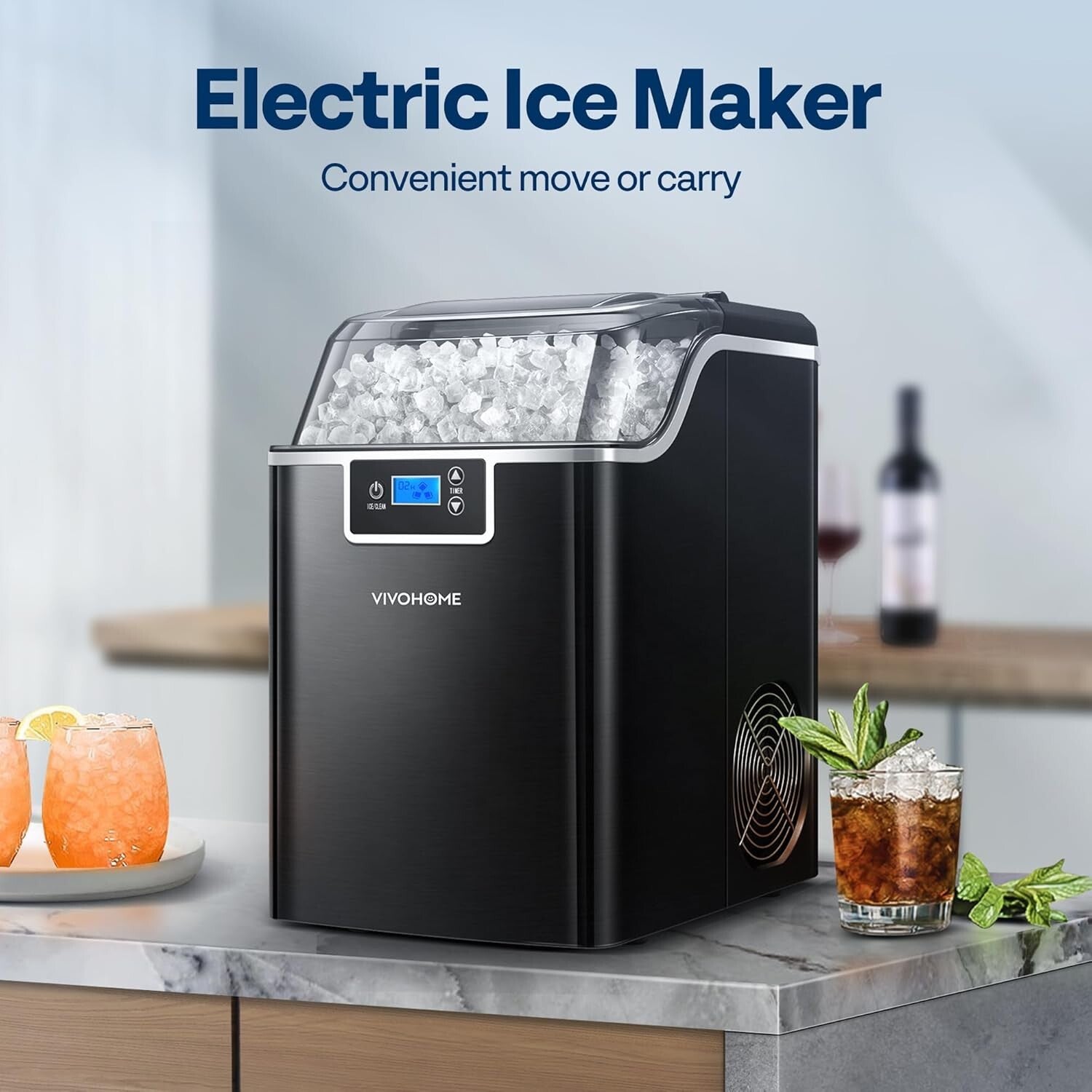 Efficient Nugget Ice Maker with LCD Panel and Self-Cleaning Feature - Portable