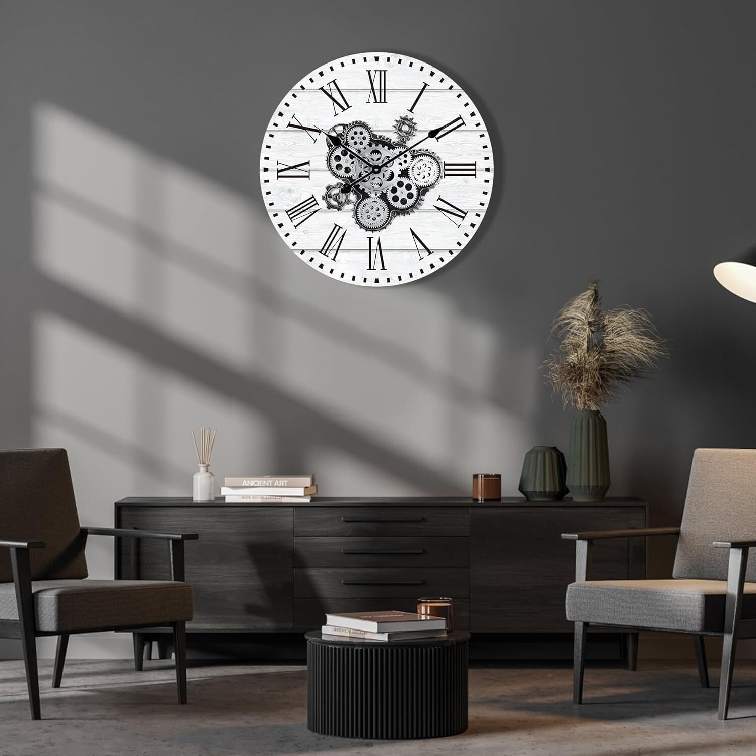 Stylish 23" White Farmhouse Wall Clock with Real Moving Gears for Home Offices