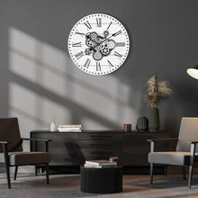 Load image into Gallery viewer, Stylish 23" White Farmhouse Wall Clock with Real Moving Gears for Home Offices