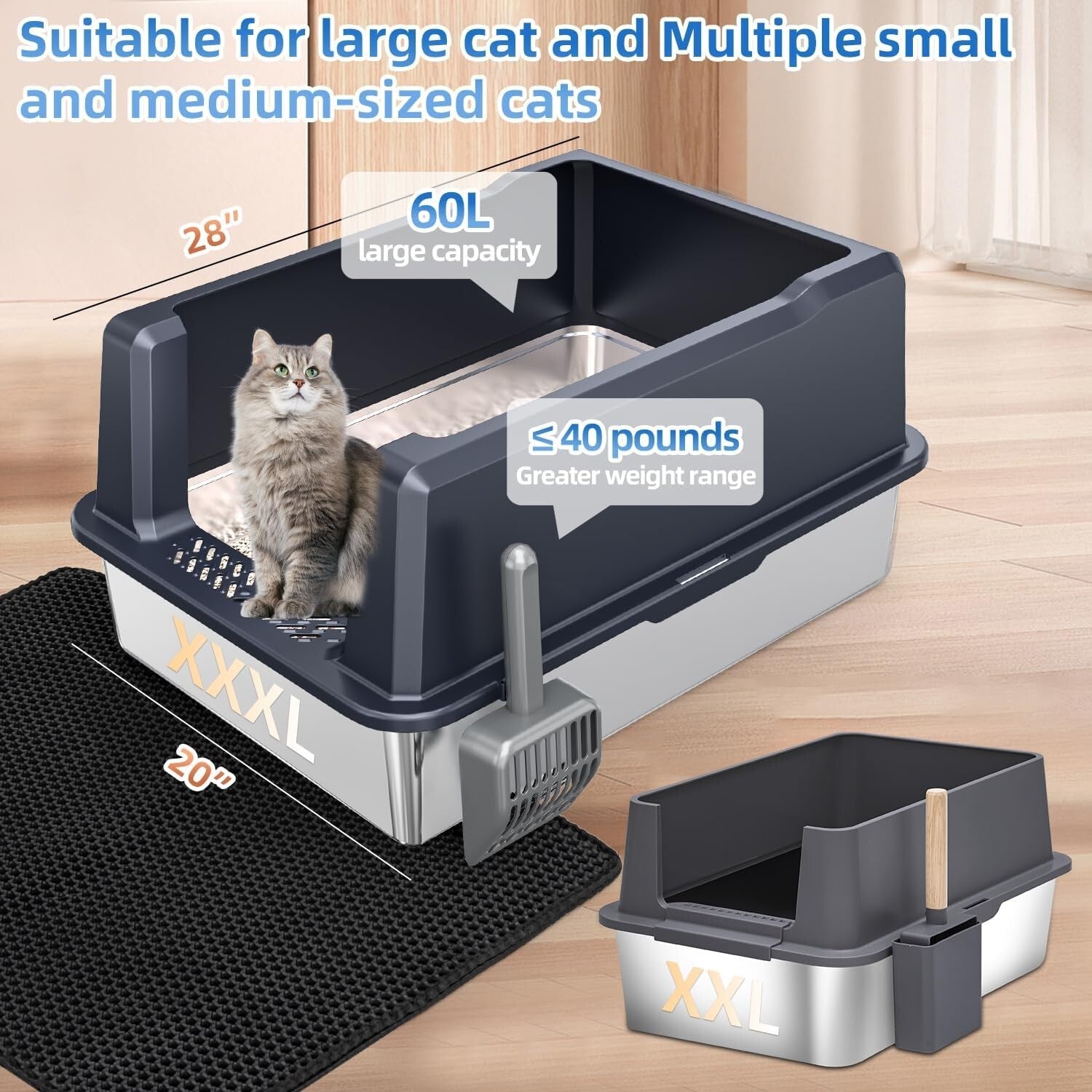 Super Large 28''L Stainless Steel Litter Box for Comfort & Hygiene - XXXL Design