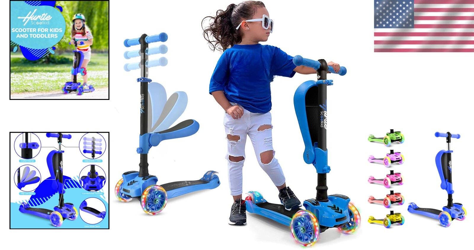 LED Light-Up 3-Wheeled Kids Scooter with Adjustable Handlebar & Foldable Seat