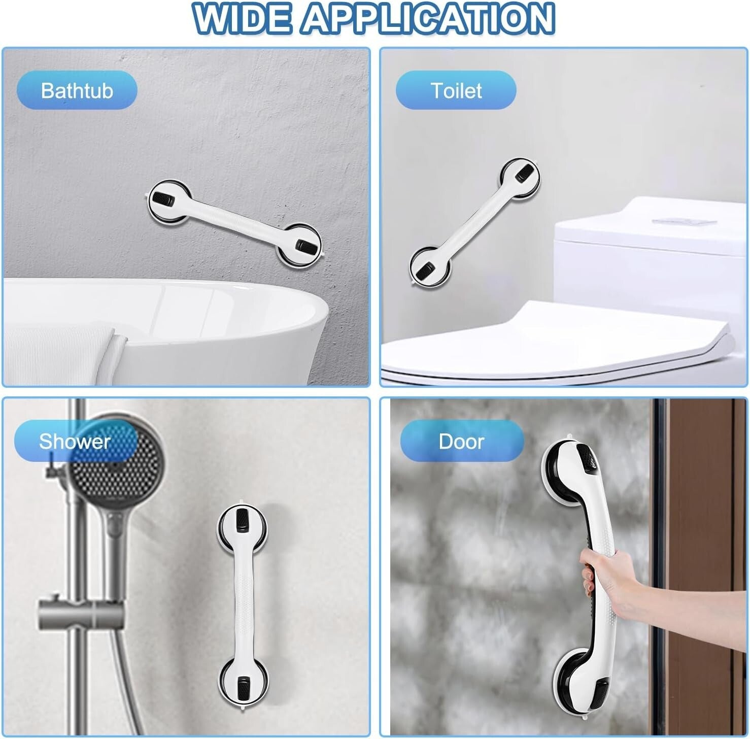 Easy Install 16” Suction Grab Bars - Black Shower Handles for Safety (2 Pack)