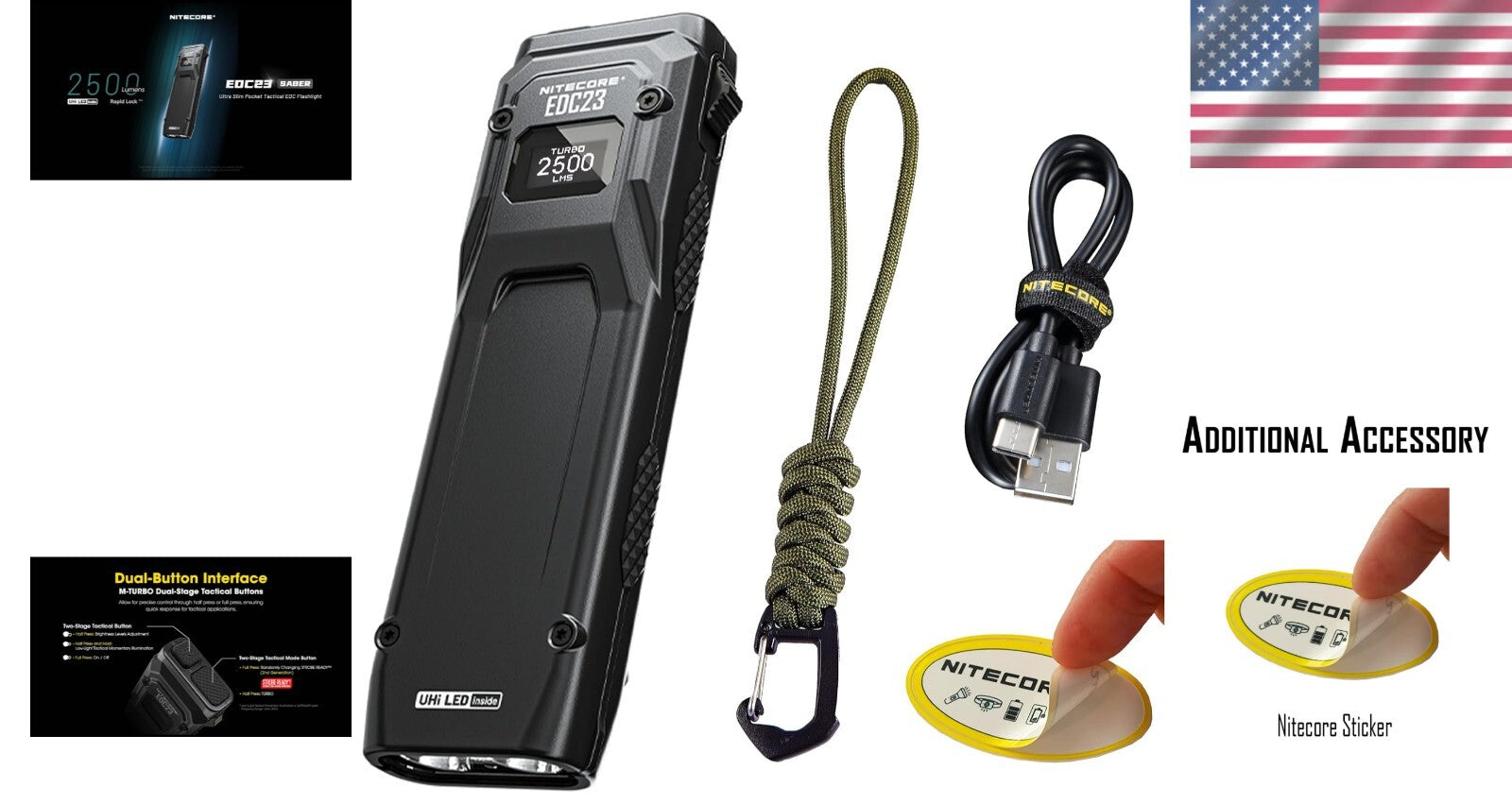 Lightweight USB-C Rechargeable Flashlight with OLED Display - 2500 Lumen Power