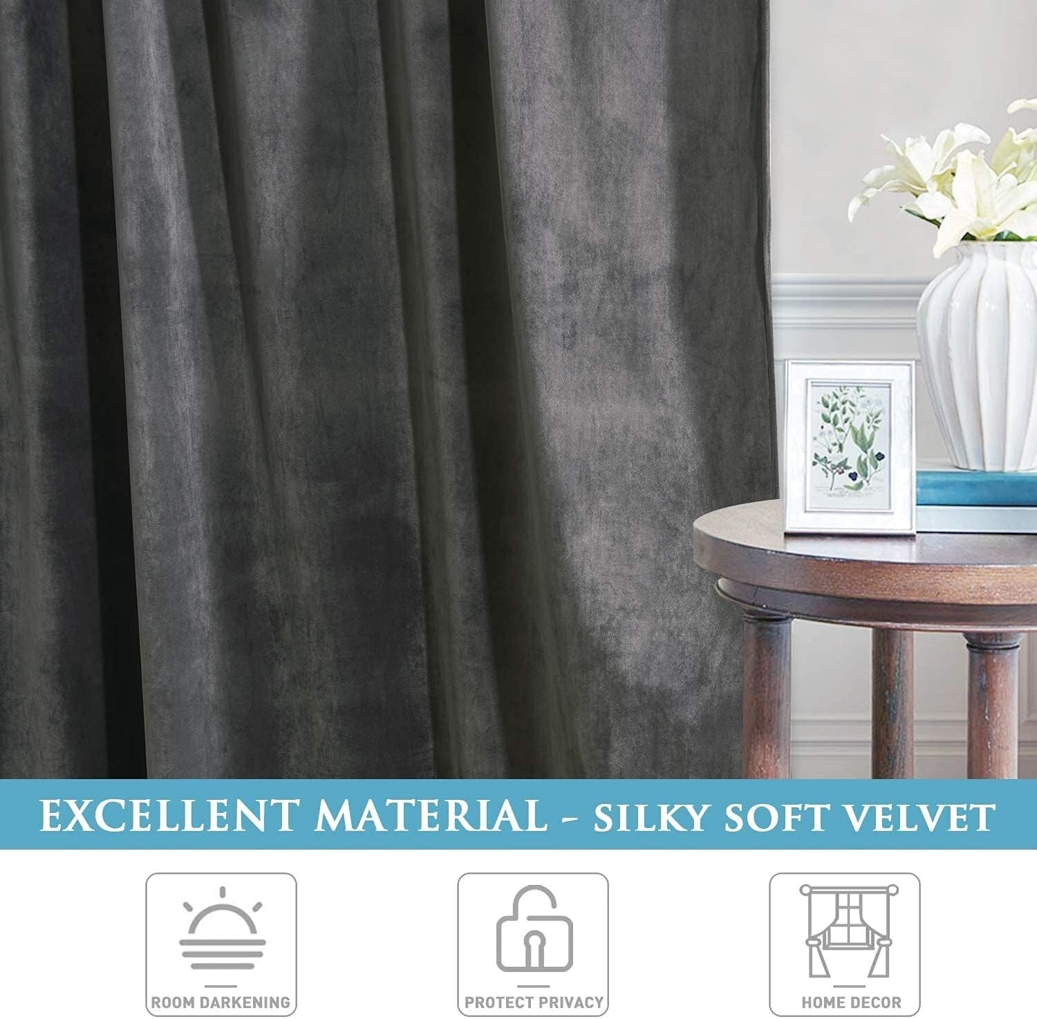 Elegant Grey Velvet Blackout Curtains 84" Long - Set of 2 Room Darkening Drapes