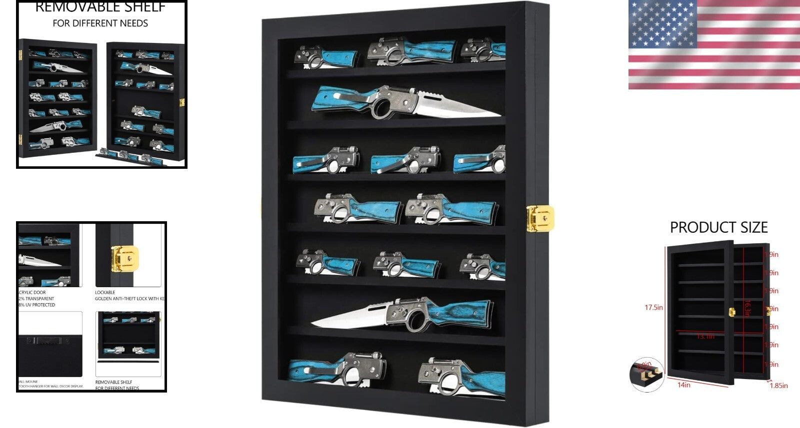 Elegant Knife Display Cabinet with 7 Removable Shelves - Black Velvet Lining