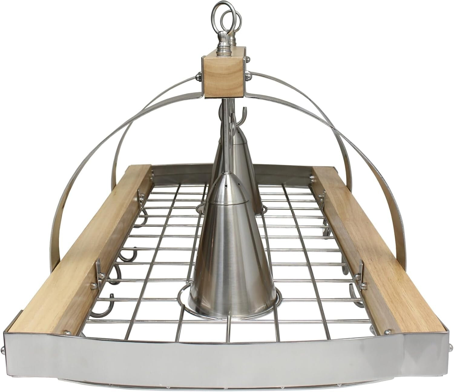 Elegant Wood Pot Rack with Downlights & Brushed Nickel Accents for Kitchens