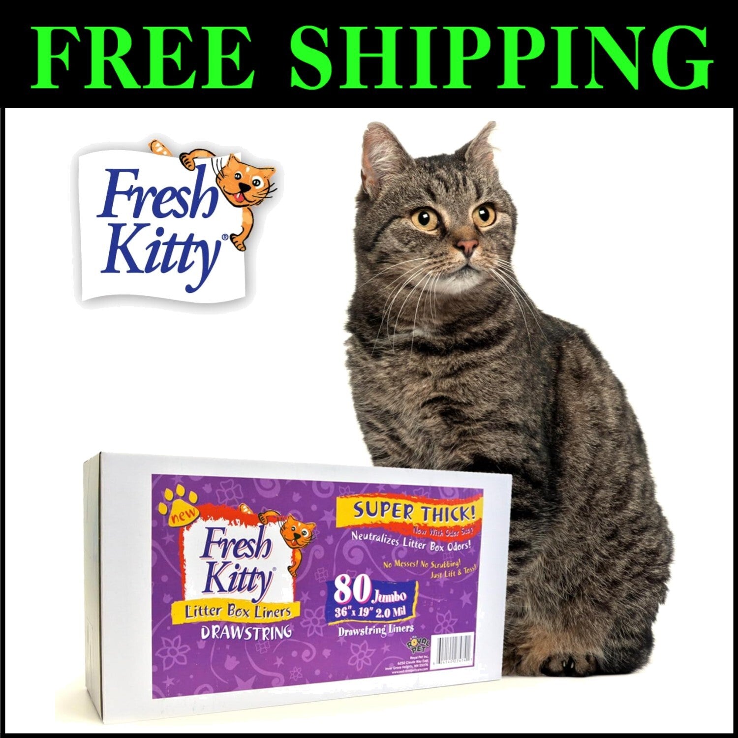 80 Count Super Thick Drawstring Cat Litter Box Liners, Fresh Scented & Durable